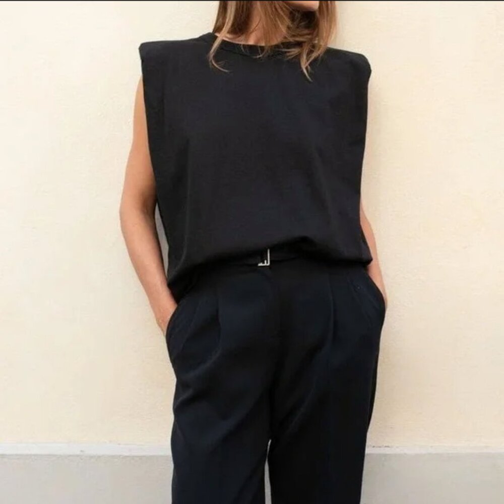 Zara Padded Shoulder Muscle Tee With Button Detailing